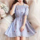 Elbow-sleeve Cold Shoulder Flower Embroidered A-line Dress