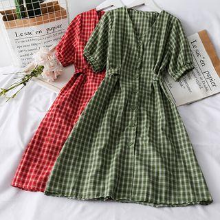 Short-sleeve Checker V-neck Shirtdress