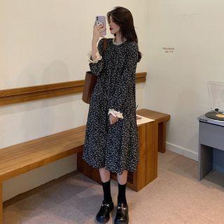 Puff-sleeve Floral Print Lace Tirm Midi A-line Dress