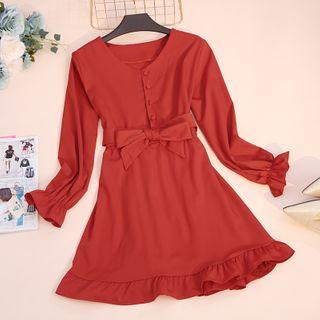 Long-sleeve Tie Waist Mini A-line Dress