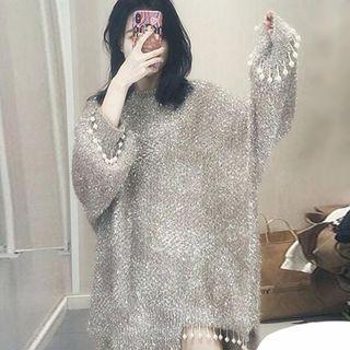 Fringed Faux Pearl Glitter Sweater Silver Camel - One Size