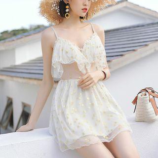 Star Patterned Mesh Ruffled Swimdress