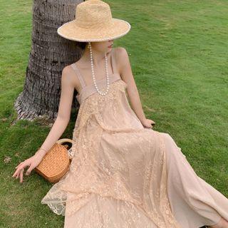 Sleeveless Lace Panel Asymmetrical Midi Dress