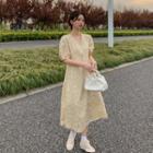 Puff-sleeve Floral Print Midi A-line Dress Light Yellow - One Size