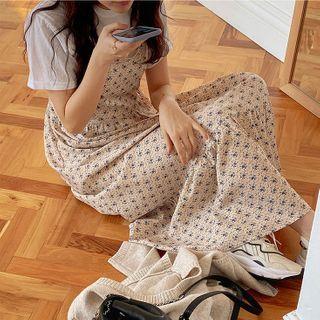Patterned Strappy Midi A-line Dress / Short-sleeve T-shirt