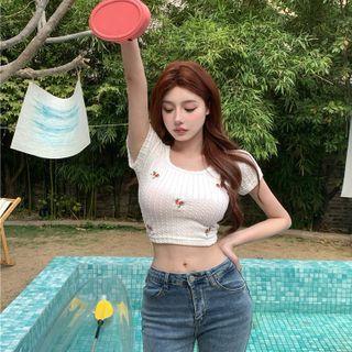 Embroider Ribbed Cropped Top