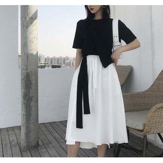 Set: Irregular Tie-strap T-shirt + Midi A-line Skirt