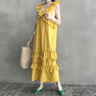 Sleeveless Frilled-trim Long Shift Dress