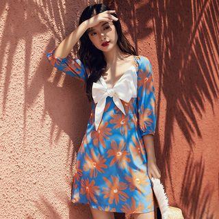 Elbow-sleeve Floral Print Bow A-line Dress