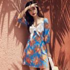 Elbow-sleeve Floral Print Bow A-line Dress