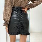 Faux Leather Ruched Ruffled Hem Skirt