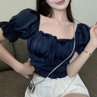 Puff-sleeve Square-neck Satin Shirt