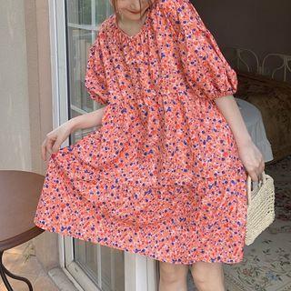 Round-neck Floral Short-sleeve Dress Pink - One Size