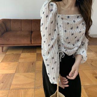 Flower Print Drawstring Blouse White - One Size