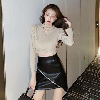 Long-sleeve Paneled T-shirt / Faux Leather Mini A-line Skirt