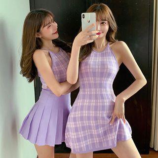 Knitted Plaid Tank Top/halter Dress
