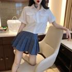 Short-sleeve Plain Shirt / High-waist Plaid Pleated Skirt
