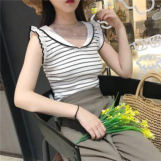 Frilled Striped Sleeveless Knit Top