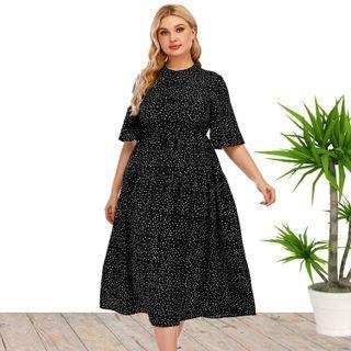 Plus Size Flare Sleeve Dot A-line Dress