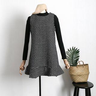 Set: Mock-neck Knit Top + Ruffled-hem Tank Dress