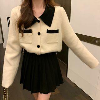 Long-sleeve Collared Knit Top / Pleated Mini A-line Skirt
