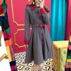 Long-sleeve Houndstooth Shirt Dress Red - One Size
