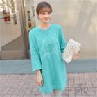 3/4-sleeve Letter Embroidered Long T-shirt