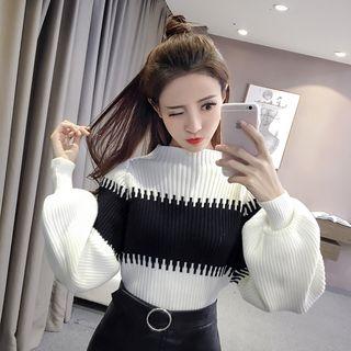 Puff-sleeve Two-tone Sweater
