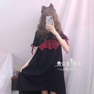 Bow Accent Short-sleeve A-line Dress Without Headband - Black - One Size