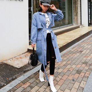 Flap-front Denim Trench Coat With Sash