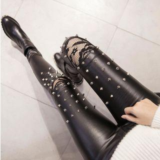 Studded Lace Panel Faux Leather Skinny Pants