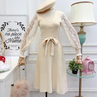 Lace-sleeved V-neck A-line Dress With Sash