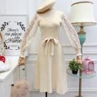 Lace-sleeved V-neck A-line Dress With Sash
