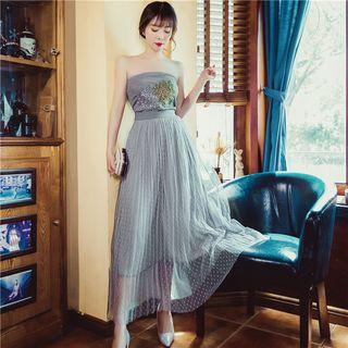 Set: Sequined Strapless Top + Mesh Maxi Skirt