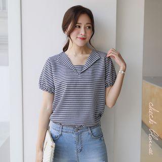 Open-placket Short-sleeve Gingham Blouse