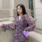 Long-sleeve Floral Mini Chiffon Dress As Shown In Figure - One Size