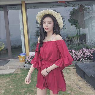 Off-shoulder Elbow-sleeve Chiffon Playsuit