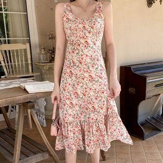 Wide Strap Floral Ruffle-hem Midi A-line Dress