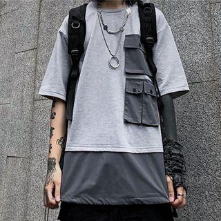 Panel Drawstring-hem Elbow-sleeve T-shirt