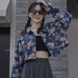Flower Print Ripped Cropped Denim Jacket
