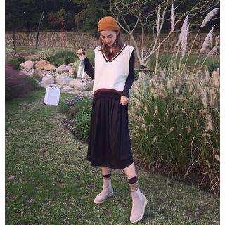 Contrast Trim Knit Vest / Long-sleeve A-line Dress
