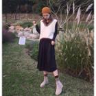 Contrast Trim Knit Vest / Long-sleeve A-line Dress