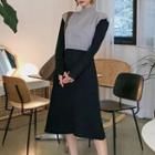 Set: Long-sleeve Knit A-line Dress + Knit Vest Dark Gray - One Size