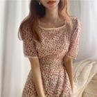 Short-sleeve Lace Trim Floral A-line Midi Dress Beige Almond - One Size