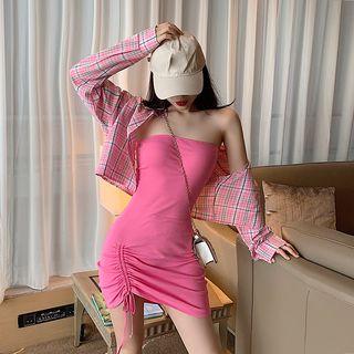 Drawstring Plain Tube Dress / Long-sleeve Plaid Shirt