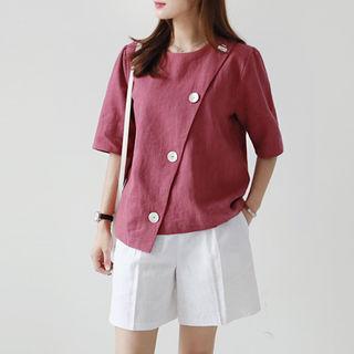 Diagonal-buttoned Linen Blouse