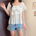 Short-sleeve Flower Embroidered Eyelet Lace Blouse