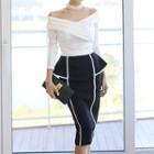 Off-shoulder Long-sleeve T-shirt / Contrast Trim Pencil Skirt