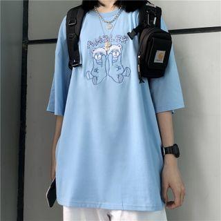Short-sleeve Round Neck Bear Embroidered T-shirt