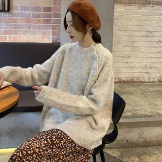 Button Sweater / Floral Print Midi A-line Skirt